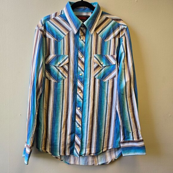 Rock & Roll Denim Pearl Snap Mens Modern Fit Western Striped Button-Down Shirt M - Picture 1 of 9